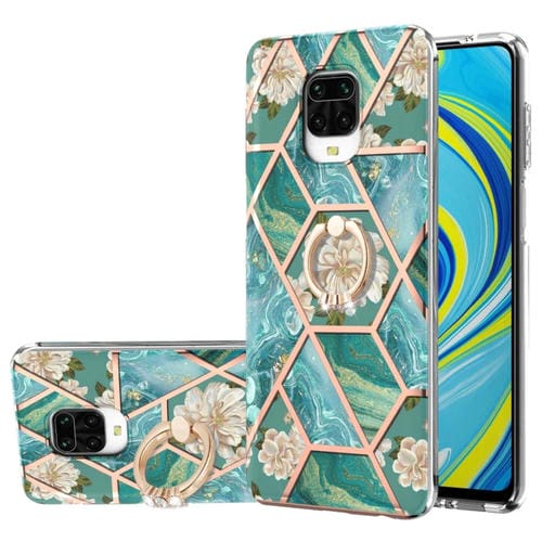 o Xiaomi Redmi Note 9S / Redmi Note 9 Pro / Redmi Note 9 Pro Max Becoplating Splicing Mármol Patrón de flores de mármol TPU Funda a prueba de golpes con el titular del anillo de diamantes de imitación (flor azul)