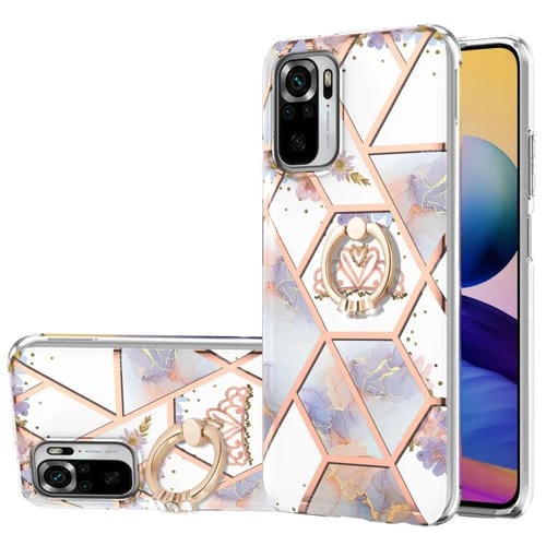 Para Xiaomi Redmi Note 10 electrochaplating empalme patrón de flores de mármol TPU Funda a prueba de golpes con soporte de anillo de diamantes de imitación (corona imperial)