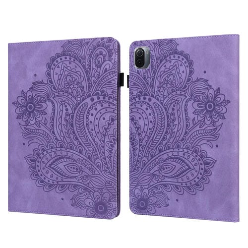 Para Xiaomi Pad 5 Pro / Pad 5 Papacock patrón en relieve TPU + PU Funda de cuero horizontal de la PU con soporte y ranuras para tarjetas y Función de desvanecimiento / desvanecimiento (púrpura)