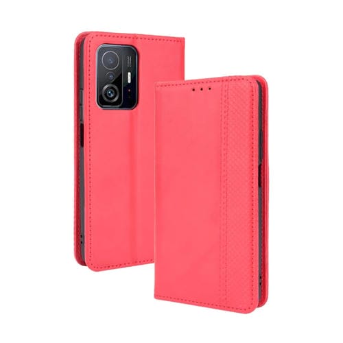 Para Xiaomi MI 11T / 11T Pro Magnetic Hebilla Retro Crazy Horse Texture Horizontal Flip Funda de cuero con soporte y ranuras para tarjetas y marco de fotos (rojo)