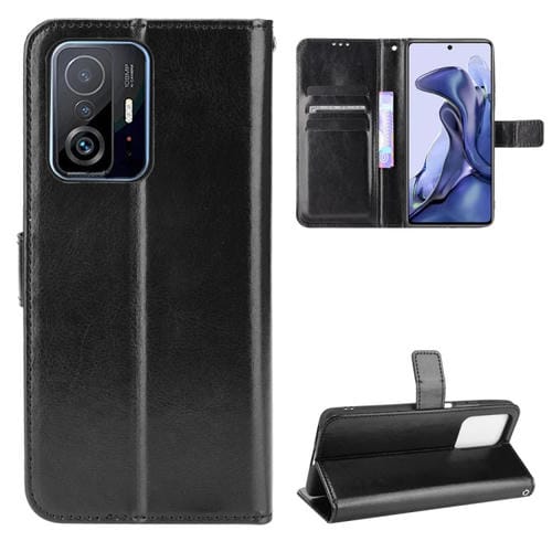 Para Xiaomi MI 11T / 11T Pro Crazy Horse Texture Horizontal Flip Funda de cuero con soporte y ranuras para tarjetas y cordón (negro)
