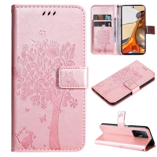 Para Xiaomi 11T / 11T Pro Tree & Cat Pattern Horizontal Flip PU Funda de cuero con soporte y ranuras para tarjetas y Billetera y cordón (oro rosa)