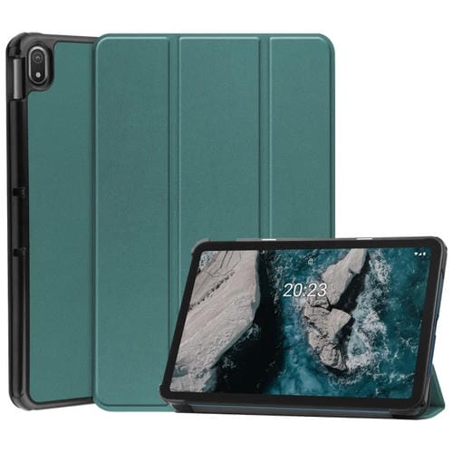 Para NOKIA T20 Three-Plegable Custer Texture Tablet Tablet Funda (verde oscuro)
