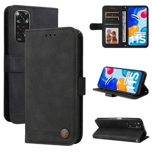 Para Xiaomi Redmi Note 11 4G (Global) / Redmi Note 11s 4g (Global) Siente la piel Tree Tree Metal Button Horizontal Flip Funda de cuero (negro)