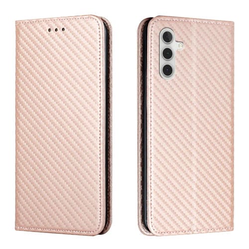 Para Samsung Galaxy A13 5G Fibra de carbono Textura Soporte de titular de cuero Caja de teléfono (oro rosa)