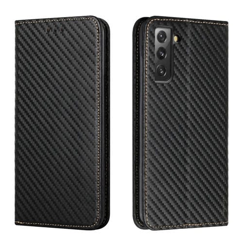 Para Samsung Galaxy S22 + 5G Carbon Fiber Texture Titular de la funda de cuero (Negro)