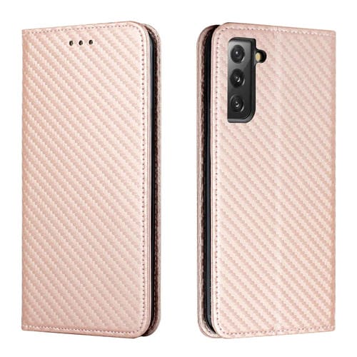 Para Samsung Galaxy S22 + 5G Carbon Fiber Texture Titular de la funda de cuero (oro rosa)
