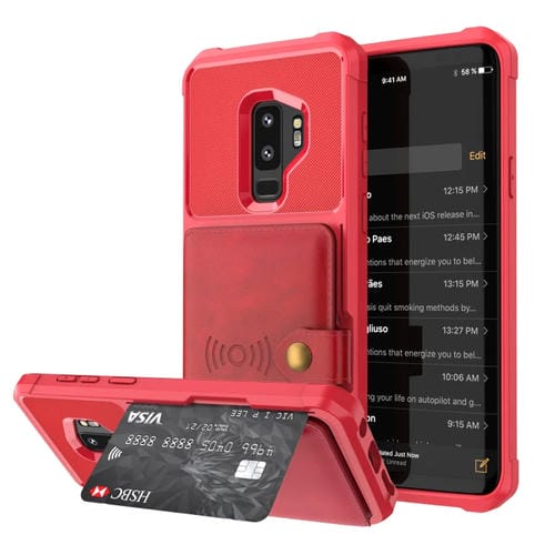 Para Samsung Galaxy S9 + Bolsa de Tarjeta Magnética Magnínica Funda telefónica de cuero (rojo)