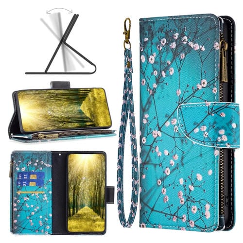 Para Sony Xperia 5 III Patrón de dibujo de color cremallera Caja de cuero de teléfono horizontal de voltaje (flor de ciruela)