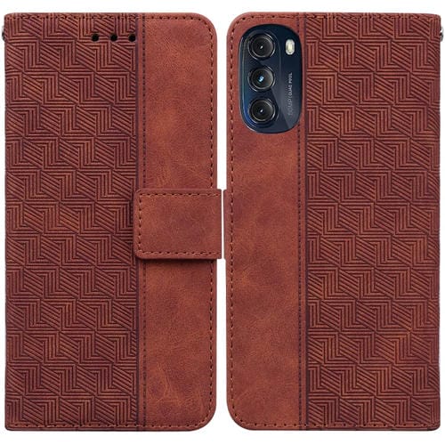 Funda de Cuero para Motorola Moto G 2022 con Relieve Geométrico (Marrón)
