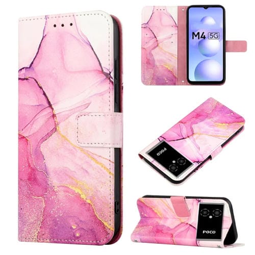 Para Xiaomi Poco M4 5G Patrón de mármol Flip Leather Case (Pink Purple Gold LS001)