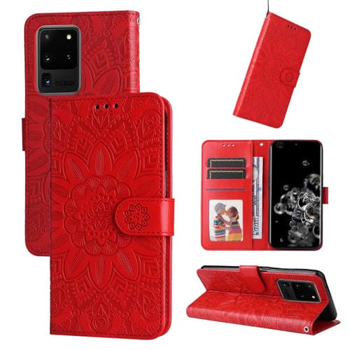 Estuche para Teléfono Samsung Galaxy S20 Cuero con Girasol en Relieve Ultra (Rojo)