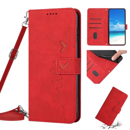 Funda de Cuero Samsung Galaxy S10 Skin Feel Heart Pattern con Cordón (Rojo)