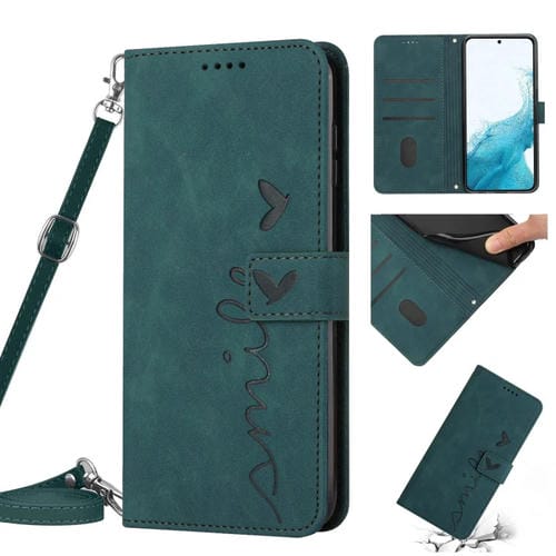 Funda de Cuero para Samsung Galaxy S22+ Skin Feel Heart Pattern con Cordón (Verde)