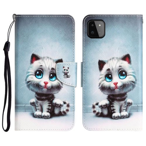 Para Samsung Galaxy A22 5G Estuche de teléfono de cuero con dibujo coloreado (ojos azules)