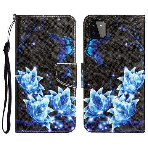 Para Samsung Galaxy A22 5G Estuche para teléfono de cuero con dibujo coloreado (mariposa azul)