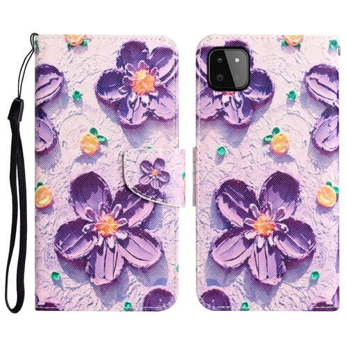 Para Samsung Galaxy A22 5G Estuche para teléfono de cuero con dibujo coloreado (flor morada)