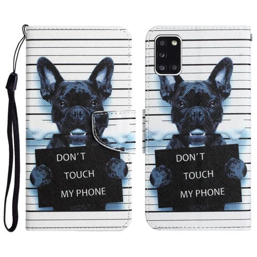 Para Samsung Galaxy A31 Caja de teléfono de cuero con dibujo coloreado (perro negro)
