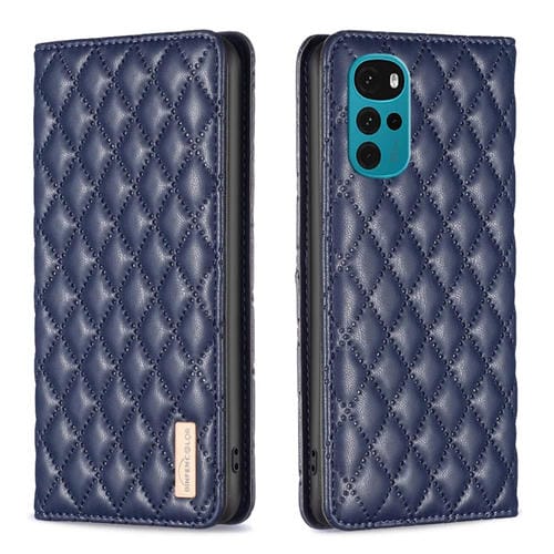 Funda Flip de Cuero Magnética para Motorola Moto G22 con Diseño Diamond Lattice (Azul)