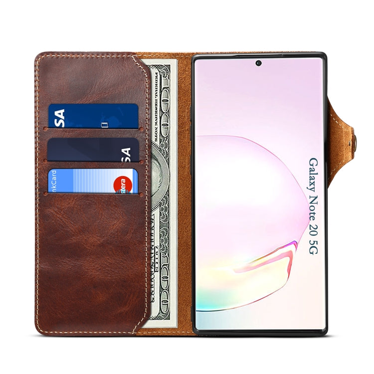 Para Samsung Galaxy Note20 Denior Oil Wax Cowhide Botón magnético Funda de cuero genuino (marrón)