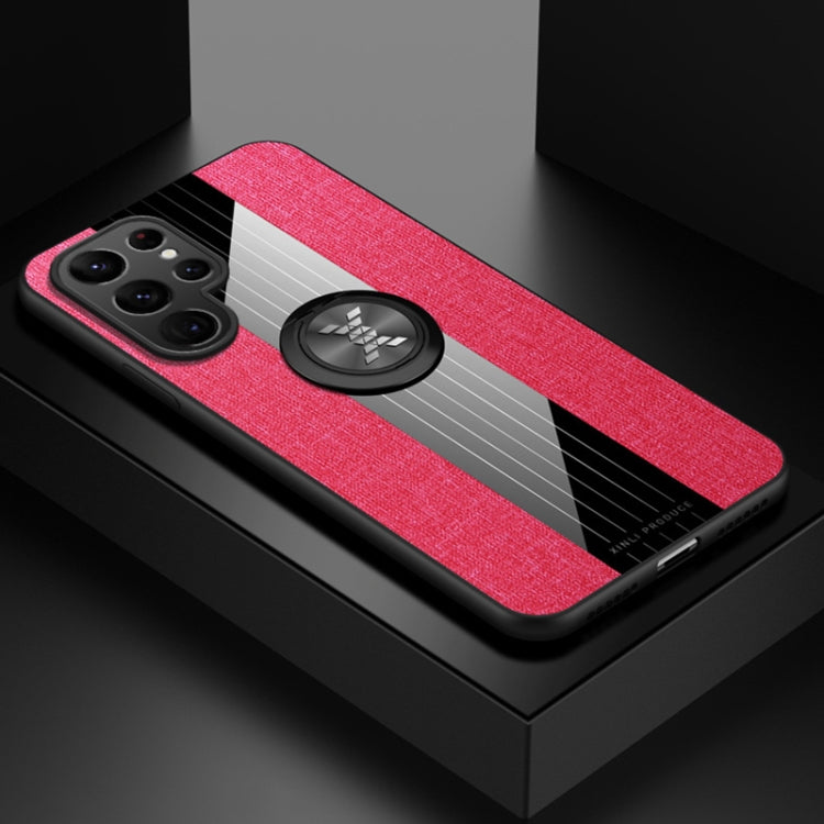 Para Samsung Galaxy S22 Ultra 5G XINLI Costura de tela Textura TPU Funda para teléfono con soporte para anillo (Rojo)