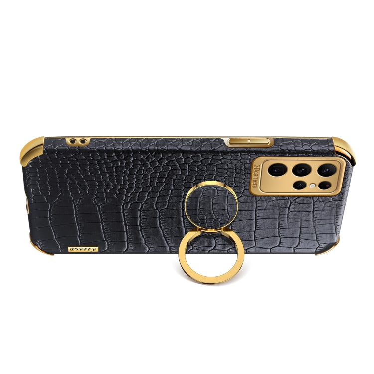 Para Samsung Galaxy S23 Ultra 5G 6D Galvanoplastia Caja del teléfono con textura de cocodrilo con soporte (Blanco)