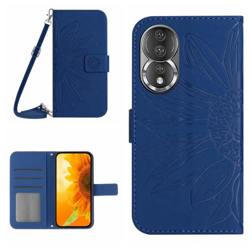 Funda de Cuero para Honor 80 HT04 con Tapa en Relieve y Cordón (Azul Oscuro)