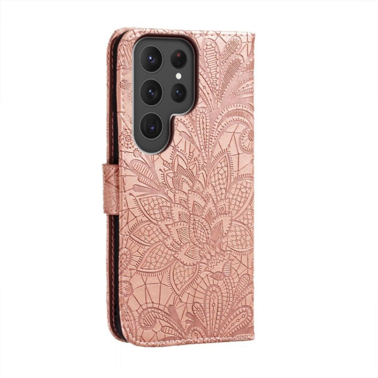 Para Samsung Galaxy S23 Ultra 5G Flor de encaje en relieve Flip Funda de cuero para teléfono (Oro rosa)