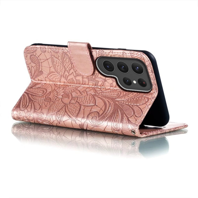 Para Samsung Galaxy S23 Ultra 5G Flor de encaje en relieve Flip Funda de cuero para teléfono (Oro rosa)