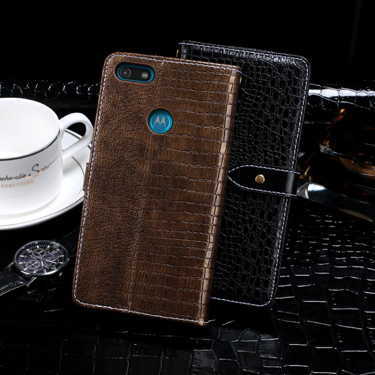 Para Motorola Moto E6 Play idewei Funda de cuero con tapa horizontal con textura de cocodrilo con soporte, ranuras para tarjetas y billetera (negro)