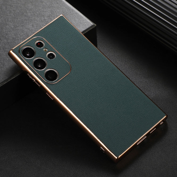 Para Samsung Galaxy S23 Ultra 5G Funda de teléfono de cuero genuino Luolai Series Nano Plating (Verde oscuro)