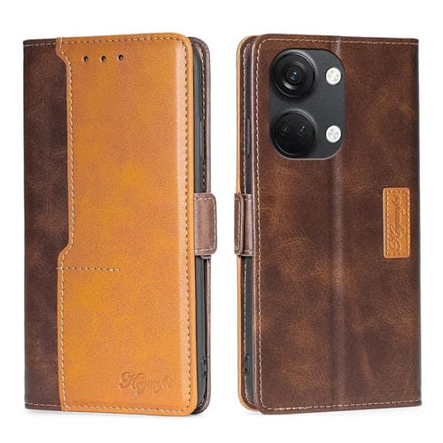 Funda de Cuero para OnePlus Ace 2V 5G con Hebilla Lateral y Color de Contraste (Marrón Oscuro + Dorado)