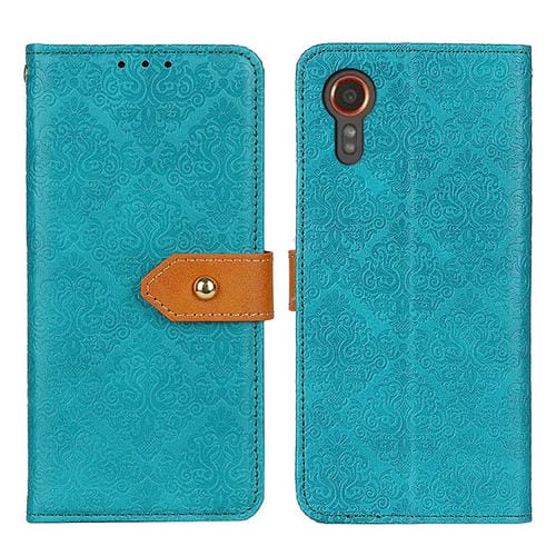Funda de Cuero Samsung Galaxy Xcover7 con Relieve Floral Europeo (Azul)