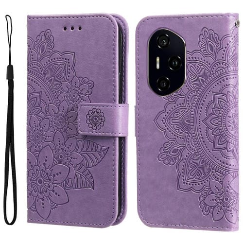 Funda de Cuero con Relieve de Flores de Siete Pétalos para Honor 300 Pro (Morado Claro)