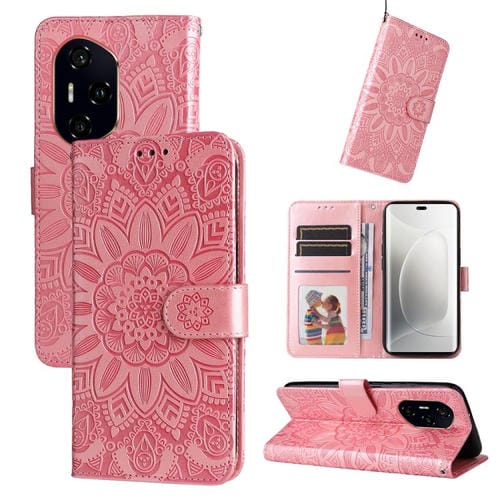 Funda de Cuero Honor 300 Ultra con Diseño de Girasol en Relieve (Oro Rosa)