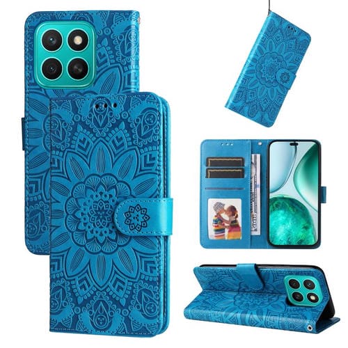 Funda de Piel con Estampado de Girasoles en Relieve para Honor X8C 4G (Azul)