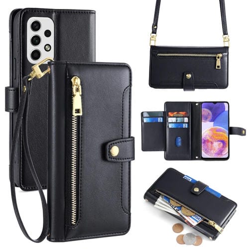 Estuche para Teléfono Samsung Galaxy A23 Cuero con Billetera Cremallera y Cuerpo Cruzado (Negro)