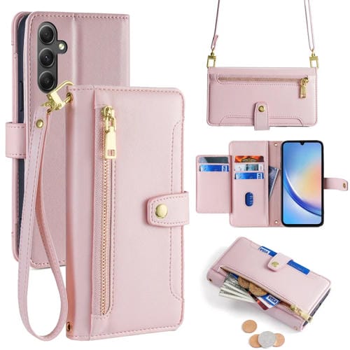 Funda de Cuero Samsung Galaxy A34 5G con Billetera y Cremallera Cuerpo Cruzado Textura de Oveja (Rosa)
