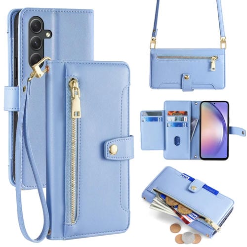 Funda para Teléfono Samsung Galaxy A54 5G Cuero Billetera Cremallera Cuerpo Cruzado Textura Oveja (Azul)