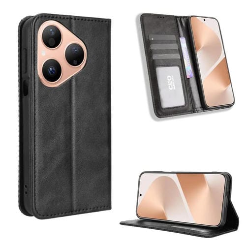 Funda de cuero con textura retro y hebilla magnética para Huawei Pura 80 5G (negra)