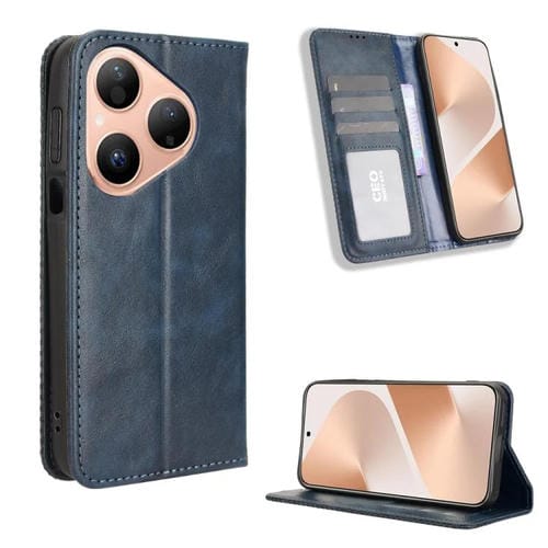 Funda de cuero con textura retro y hebilla magnética para Huawei Pura 80 5G (azul)