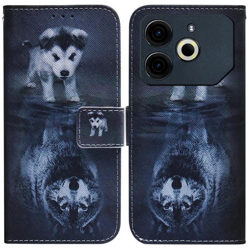 Funda de Cuero con Tapa para Tecno Pova 6 Neo con Dibujo de Colores (Lobo y Perro)