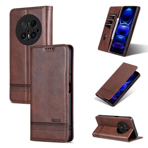 Funda Piel Sintética Azns con Tapa Magnética para Huawei Mate 70 Pro/70 Pro+ (Marrón Oscuro)