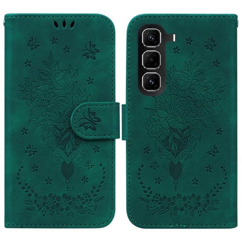 Funda de cuero con relieve de mariposa y rosa para Infinix Hot 50 Pro+ 4G (verde)