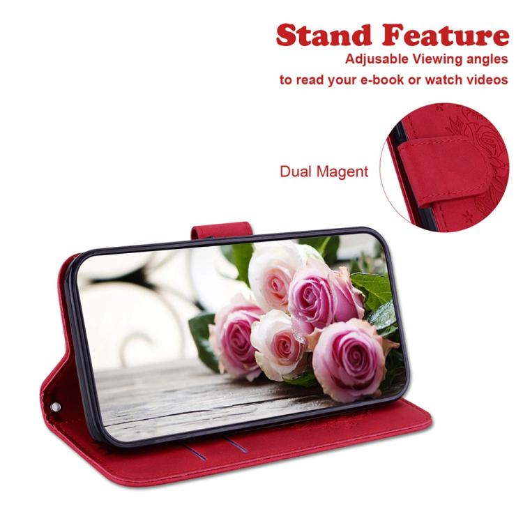 Funda de cuero con relieve de mariposa y rosa para Infinix Note 50 Pro+ (roja)