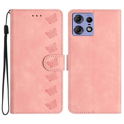 Funda de Cuero con Relieve de Siete Mariposas para Motorola Edge 50 Pro (Rosa)