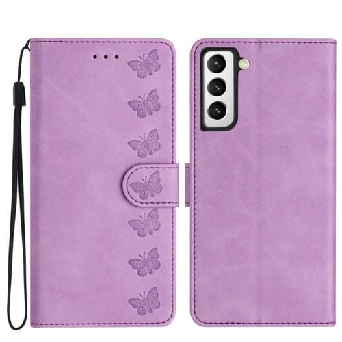 Funda para teléfono Samsung Galaxy S21 FE 5G Siete Mariposas Funda de Cuero En Relieve (Púrpura)
