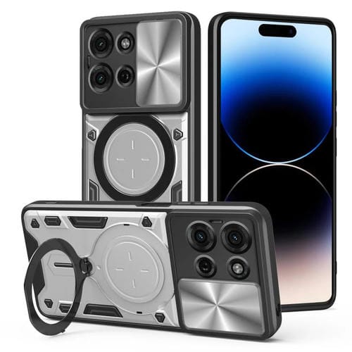 Funda para Teléfono Motorola Moto G75 5G con Soporte Magnético Deslizante y Textura de Cd (Plateada)