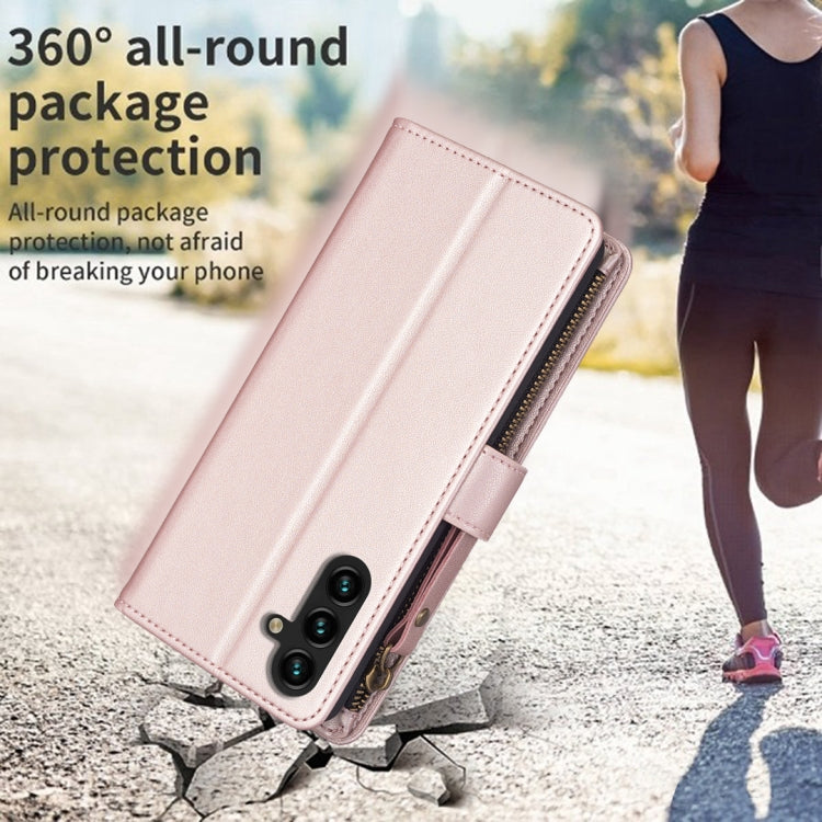 Para Samsung Galaxy A13 9 Ranuras para tarjetas Cremallera Cartera Funda de cuero con tapa para teléfono (Oro rosa)