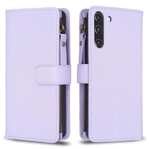 Para Samsung Galaxy S21 FE 5G 9 Ranuras para tarjetas Cremallera Cartera Funda de cuero con tapa para teléfono (Morado claro)